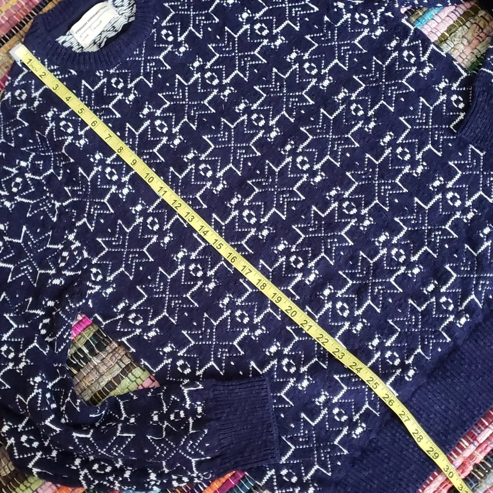 French Connection Mens Crewneck Cotton Sweater Blue with White Snowflakes